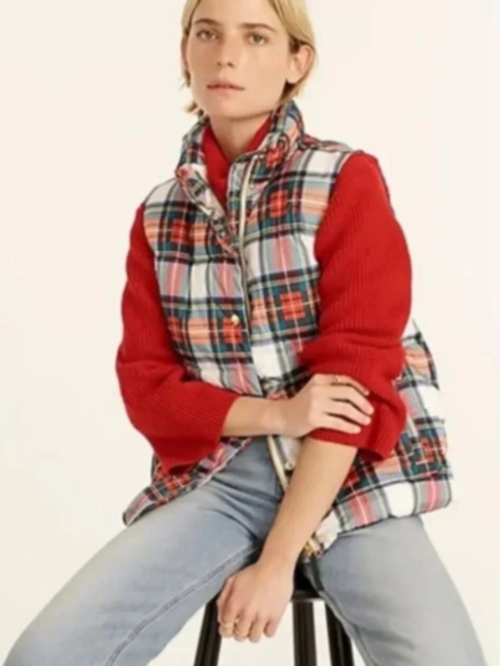 NEW J Crew Puffer vest with Primaloft in Snowy white Stewart tartan plaid